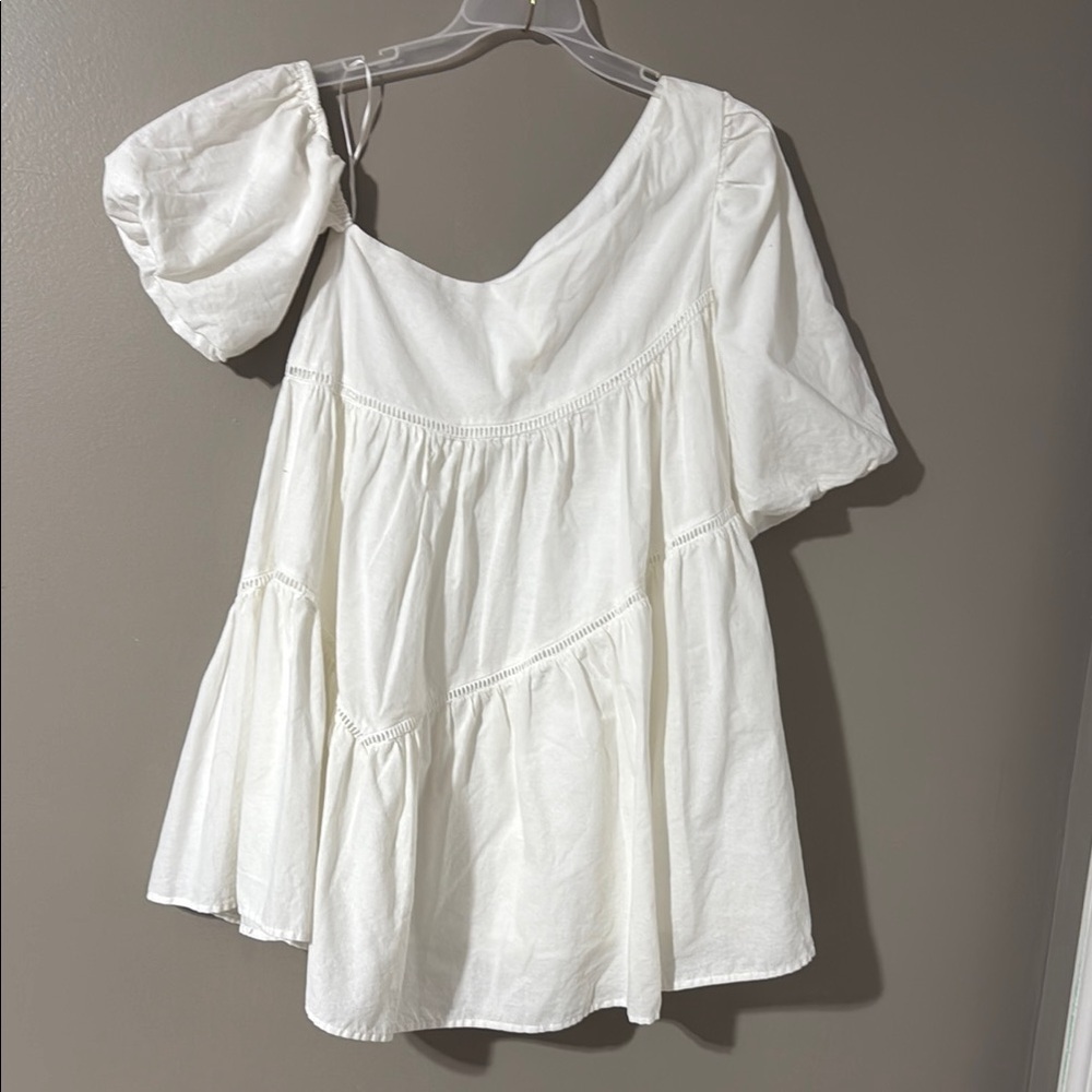 Altar'd State Cream Puff Sleeve Asymmetrical Mini Dress